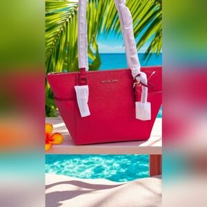 Michael Kors Charlotte Large Top Zip Shoulder Tote Bag Bright Red(NWT)